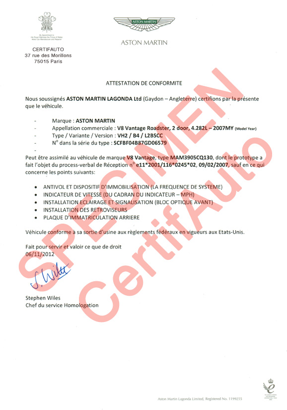 Image result for certificat de conformité aston martin